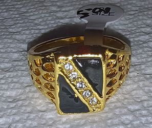 Sz10.5 18k Gold Plated Men's Signet-Style CZ Ring Dual black onyx inlay Basket-Weave Texture Unique