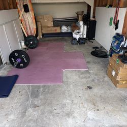 At home gym: barbell, barbell plate set (370 lbs), barbell clasp, floor mat, squat rack