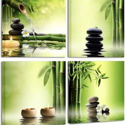 4 Panel Stretched Contemporary Zen Canvas Prints Perfect Bamboo Green Pictures on Canvas Wall Art
