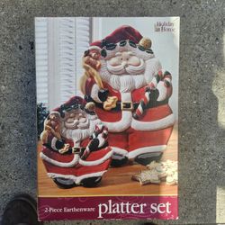 2 Piece Earthenware Christmas Platter Set Plate Tray Holiday Xmas Santa Claus New Gift