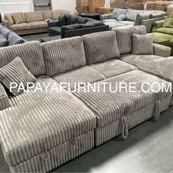 120” Large sectional, Sectional sofa With Pull-out Bed, Sofabed, Sofa Bed, Sectional Couch, Corduroy Sectional,Plush Sectional Large Couch, Gray Sofa 