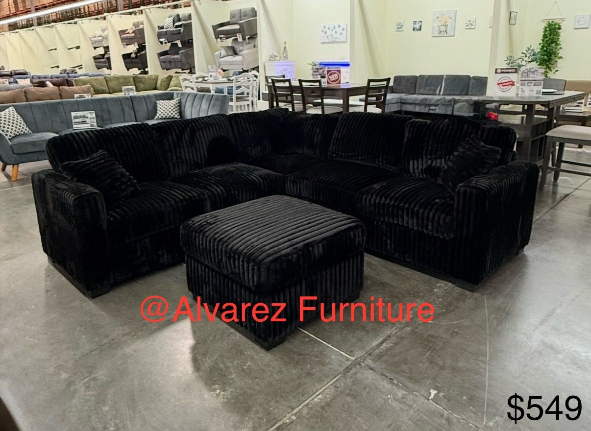 Black Corduroy Sectional Sofa With Ottoman 