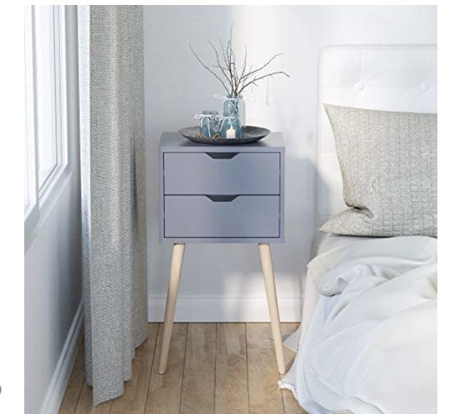 LAZYMOON Nightstand Bedside End Table Organizer Wood Bedroom White w/2 Drawer Grey