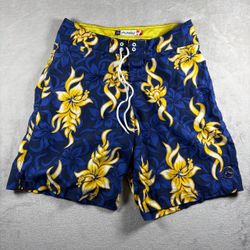 Y2K Rusty Men’s 34 Blue Baggy Floral Hawaiian Board Shorts Vintage #10A