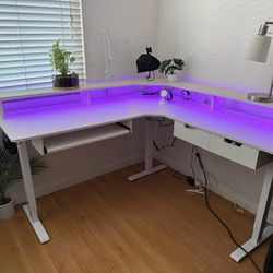 LIKE NEW - 60 Inches L Shaped Electric Corner Standing Desk, Drawers, slide out keyboard