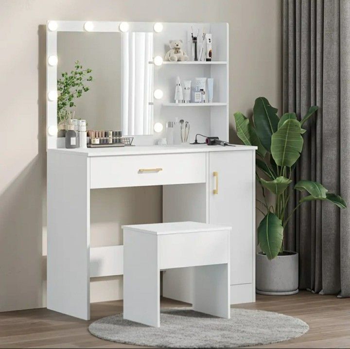 Makeup Vanity Set with Lighted Mirror, Charging Station, And Storage Stool - 3-Foot Vanity Desk for Bedroom, NEW IN A BOX.