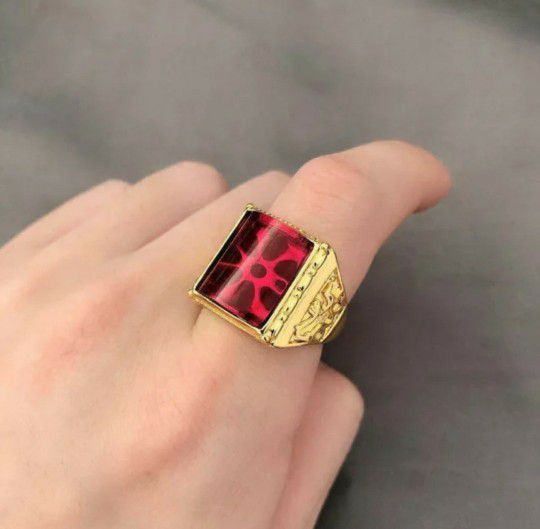 Men's 18K Gold Plated  Retro Square large Gemstone Ring exquisite carving Red Stone Adjustable Ring