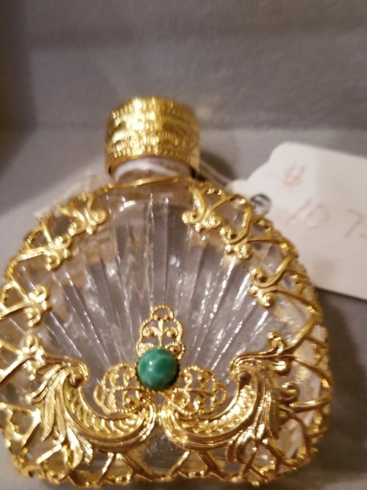 Perfume bottle gold filigree w/green stone