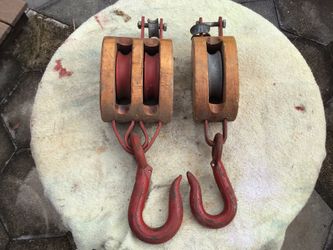 Vintage Antique Iron And Wood Double/Single Rope Pulley With Anvil Logo Block And Tackle