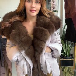 Lilac Down Jacket With Fox Fur Trim