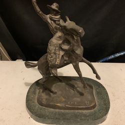 CM Russell Smokin Up Mounted Bronze Statue