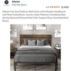 Allewie Full Size Platform Bed Frame with Wooden Headboard and Metal Slats/Rustic Country Style
