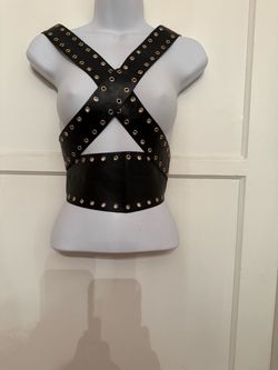 Black Leather Harness Top with Gold Eyelets
