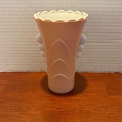 Anchor Hocking Fired on Pink Vitrock Scalloped Art Deco Vase Perfect Condition 5 1/2” X 3 1/4”. A1