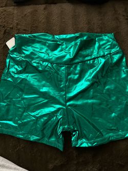 Green metallic stretch shorts
