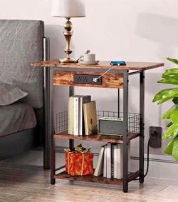 GiveBest End Table with Charging Station, Narrow Side Table with USB Ports and Outlets, Sofa Couch Table for Small Spaces, Slim Bedside Table Nightsta