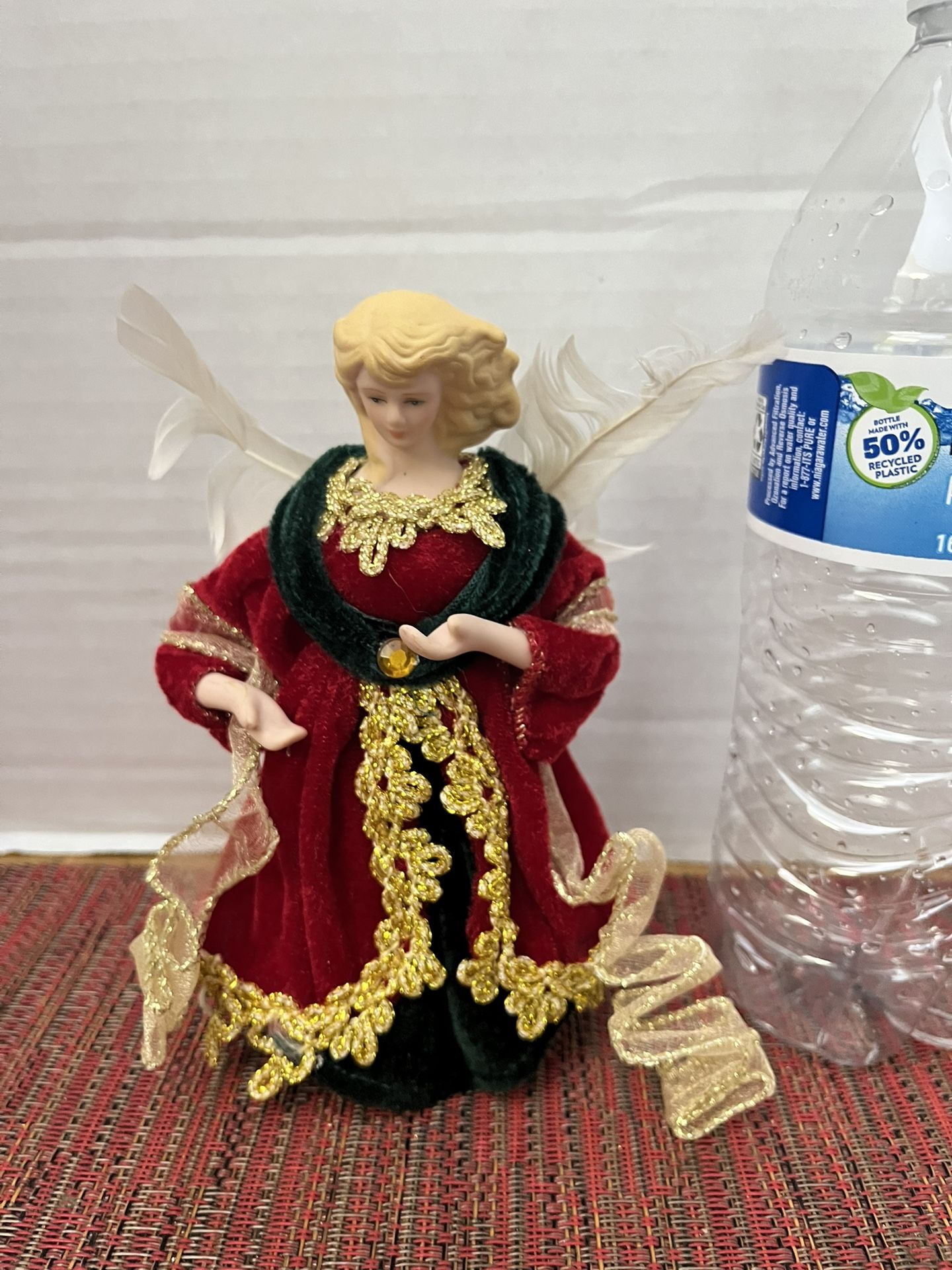 Angel Mini Tree Topper w/ Feather Wings, Porcelain Head & Hand, Velvet