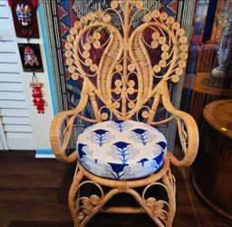Boho MCM Peacock Handcrafted Rattan Chair Featuring Throne-Like Shape with Intricate Embellishment 45.5"x24.