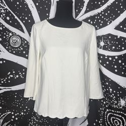 Talbots Ivory / Cream Crewneck 3/4 Sleeve Scallop Hem Blouse Top