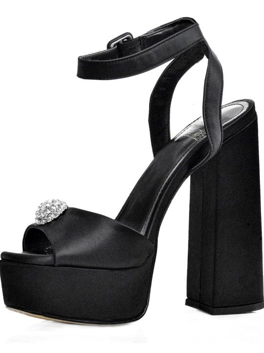 Premium Black Platform Heels for Women with Rhinestone - Open Toe Chunky Heels with Adjustable Ankle Strap - High Heels for Girls