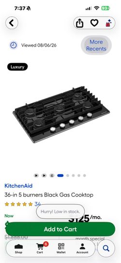 NEW IN BOX. KITCHEN AID 36” GAS. GLASS TOP BLACK COOKTOP WITH A 3 YEAR EXTENDED WARRANTY FULLY TRANSFERABLE 8/7/26