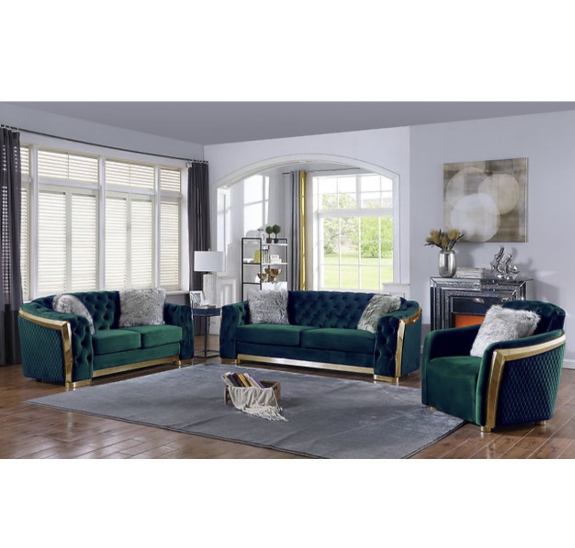 Green Velvet And Gold Sofa Loveseat Chair Stunning Set Brand New In Box Firm Price $3,200