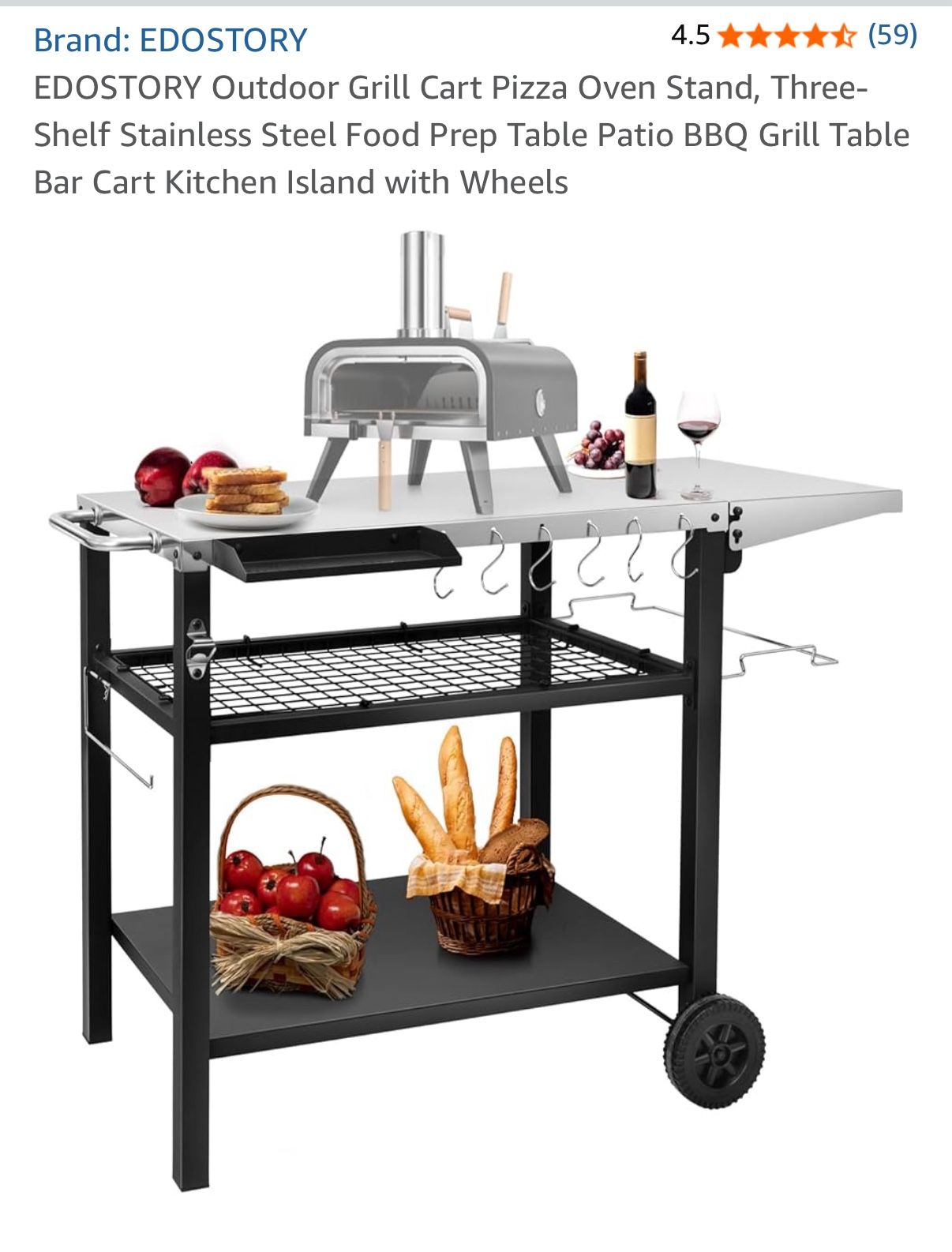 EDOSTORY Outdoor Grill Cart Pizza Oven Stand, Three-Shelf Stainless Steel Food Prep Table Patio BBQ Grill Table Bar Cart Kitchen Island with Wheels