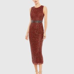 Mac Duggal NWT 93758  Beaded Sleeveless Midi Dress Sz 12 Brick Red  MSRP $398