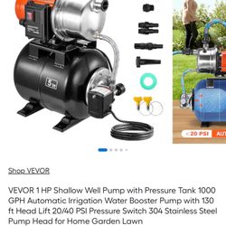 VEVOR 1 HP Shallow Well Pump with Pressure Tank 1000 GPH Automatic Irrigation Water Booster Pump with 130 ft Head Lift 20/40 PSI Pressure Switch 304 S