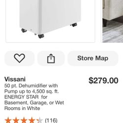 Vissani 50 pt. Dehumidifier with Pump up to 4,500 sq. ft. ENERGY STAR for Basement, Garage, or Wet Rooms in White