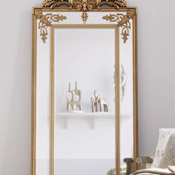 FLEURY MIRROR: FRENCH GILT GOLD FLOOR MIRROR WITH INTRICATE CARVINGS