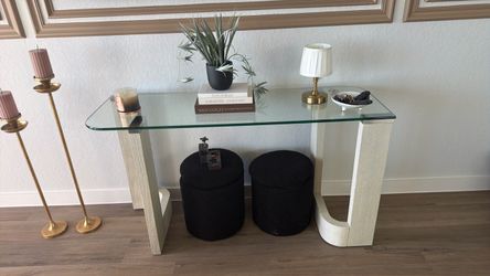Glass Top Console Table with White Wood Base