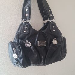Black faux leather streetwear shoulder bag with silver accents.