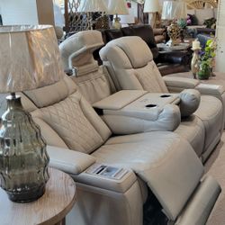 Leather Power Reclining Sofa with Phone charger, Table drop down.