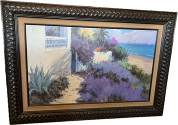 Large Framed Tropical Beachfront Painting