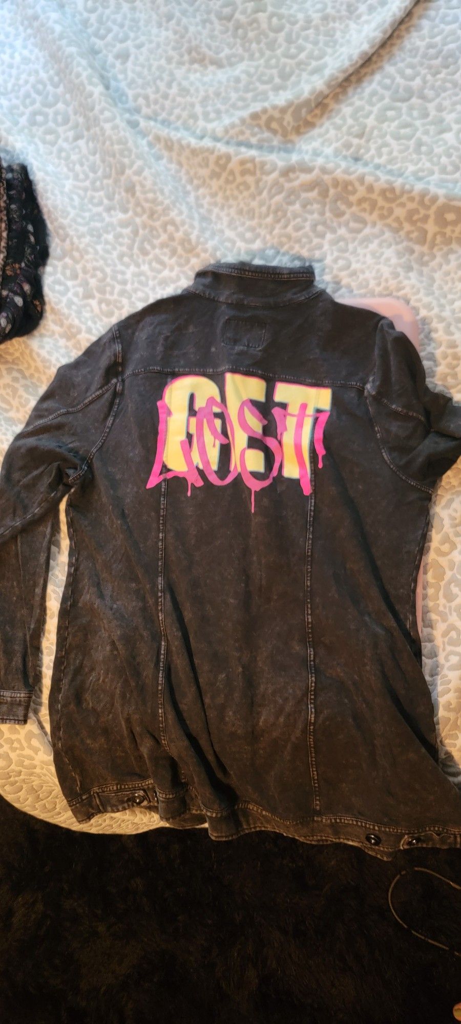 Black Torrid Denim/Distressed Looking Jacket with Pink Graphic