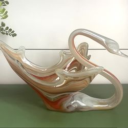 Vintage Hand Blown Orange / Salmon Swirl Art Glass Swan Murano Style No Chips