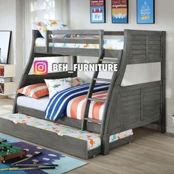Twin/Full/Twin Gray Hoover Collection Bunk bed w. Orthopedic Mattresses Included 