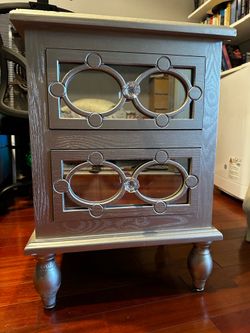 Silver Mirrored 2-Drawer Nightstand with Crystal Knobs & Glass Top