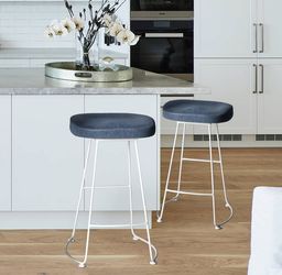 2, American elegant, retro, backless, saddle stools with blue leather seat