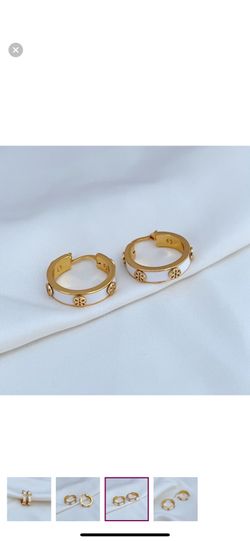 Tory Burch Hoop Earrings Gold With White  