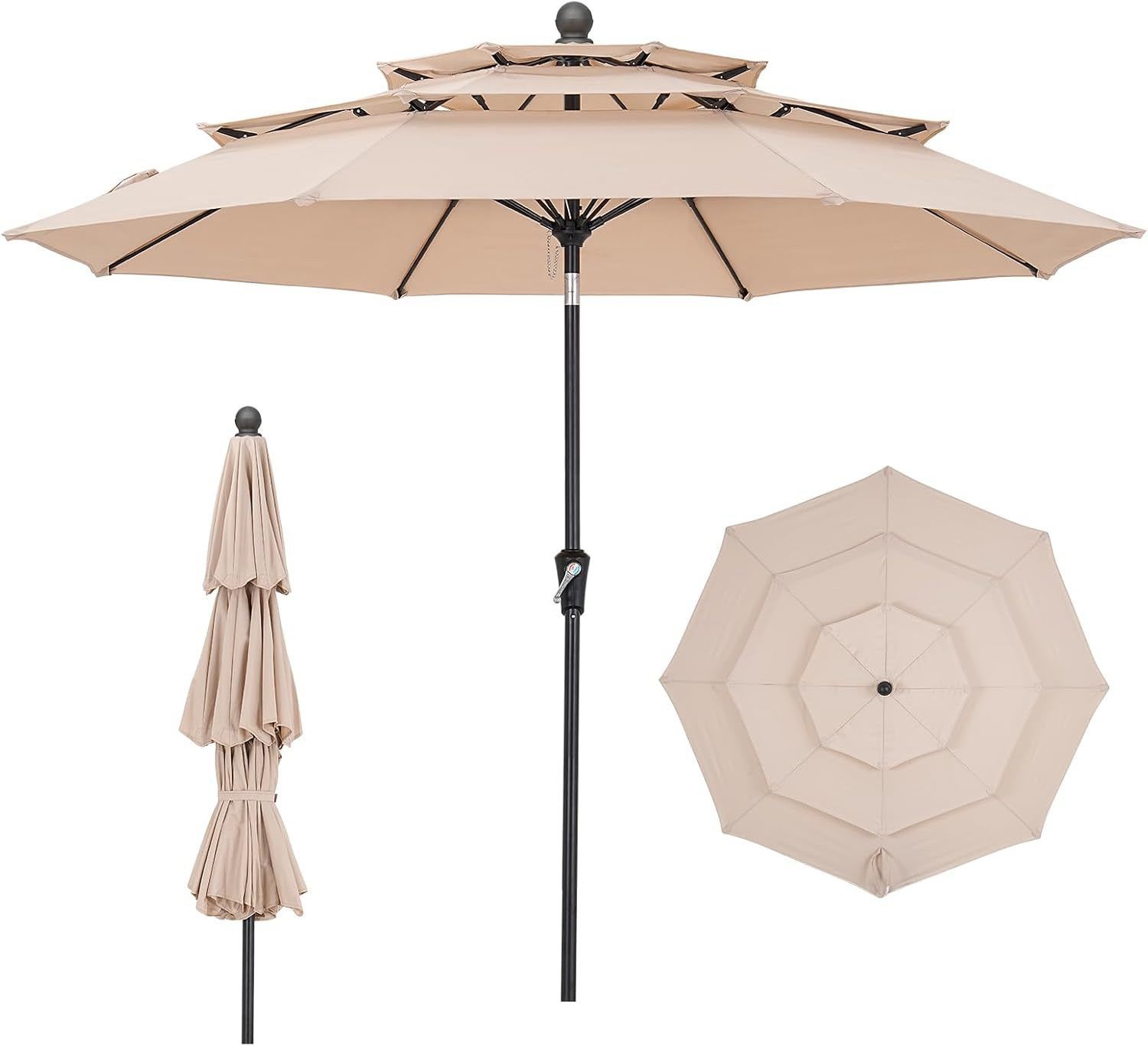 9 FT Outdoor Patio Umbrella, 3 Tier Market Table Umbrella with 8 Sturdy Fiberglass Ribs and 1.5’’ Pole, Smooth Button Tilt Patio Umbrella for Backyard