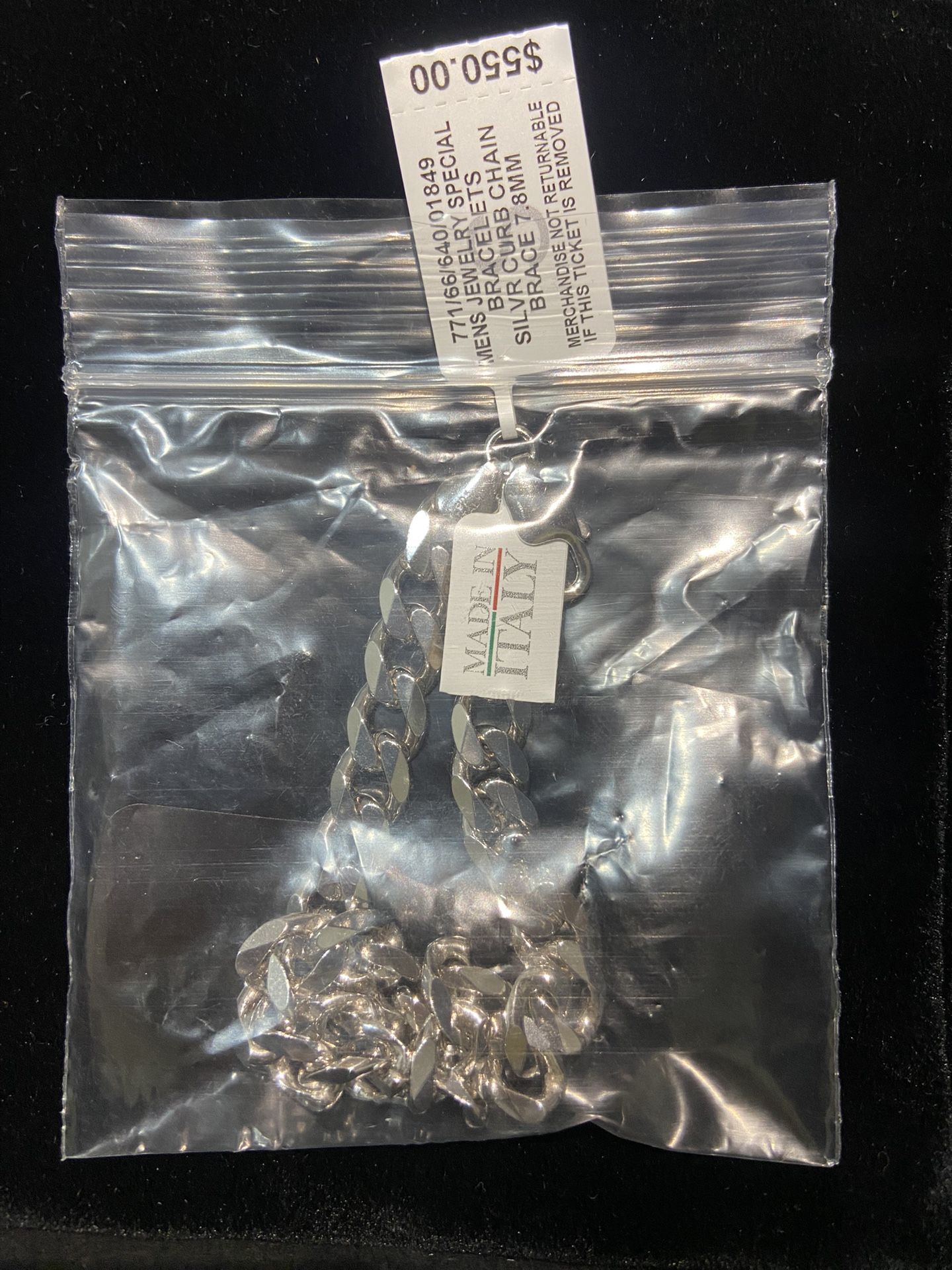 New Macy’s Italian Sterling Silver Curb Chain Bracelet – 7.8mm – .925 – NWT