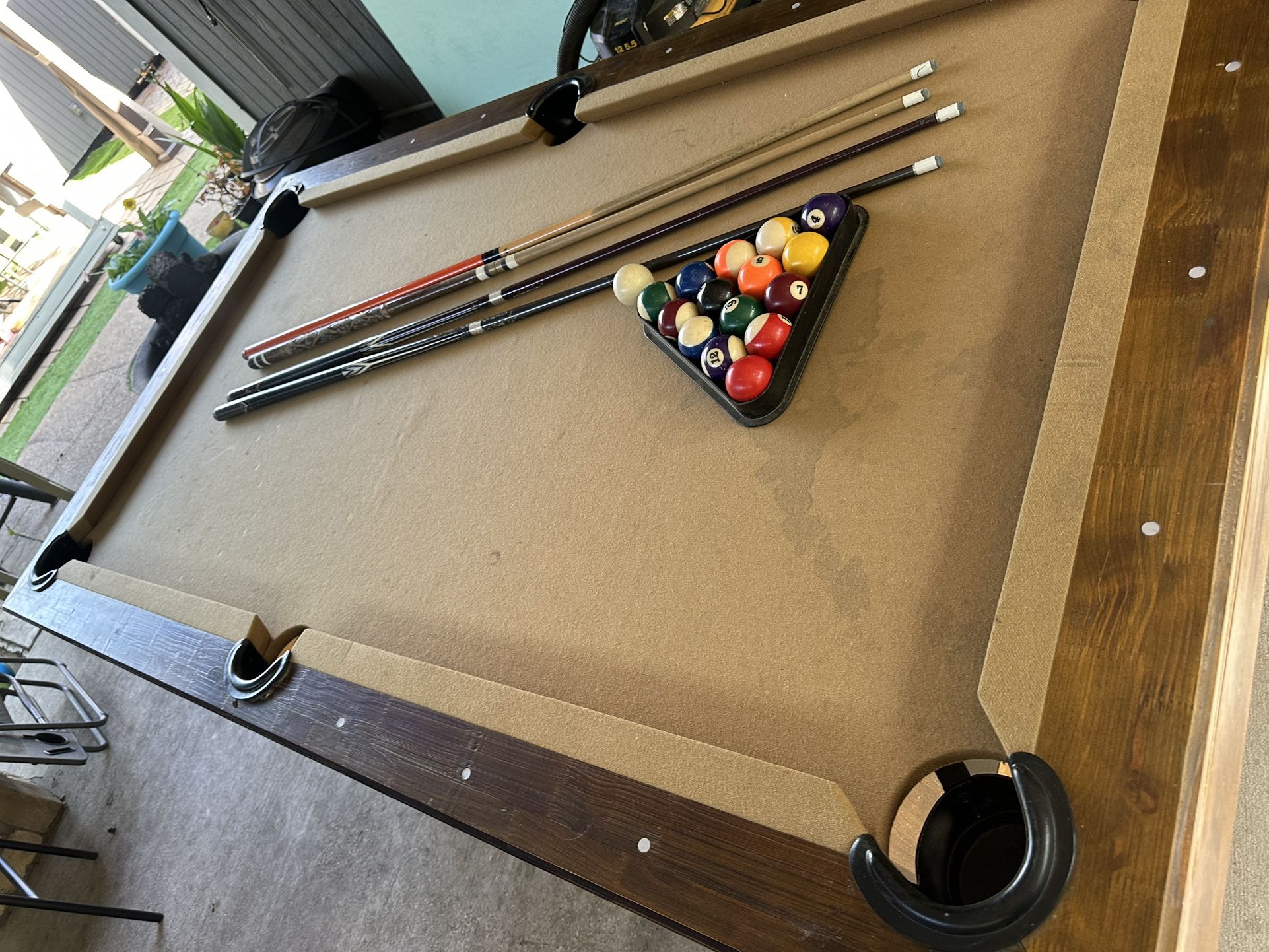 Great Used Pool Table + 4 Cue Sticks Balls And Rack