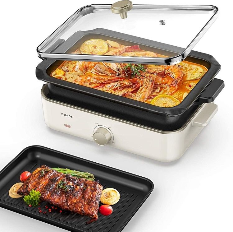 CalmDo Electric Foldaway Skillet Grill Combo, Indoor BBQ Grill, Stew and Hotpot with Nonstick Pan, Precise Temperature Control and Tempered Glass Vent