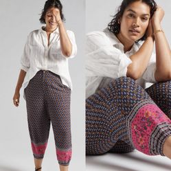 NWT $120 Anthropologie Blue Motif Smocked Balloon-Leg Viscose Abstract Pants 2