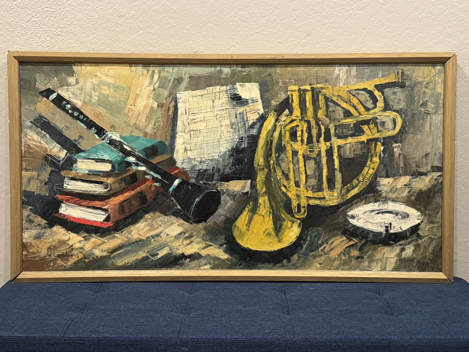 Superb Midcentury Still Life Oil Painting of Musical Instruments by J. Collins