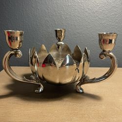 Vintage Leonard Candelabra Silver Plated Lotus Flower Frog 3 Candle Holder Bowl