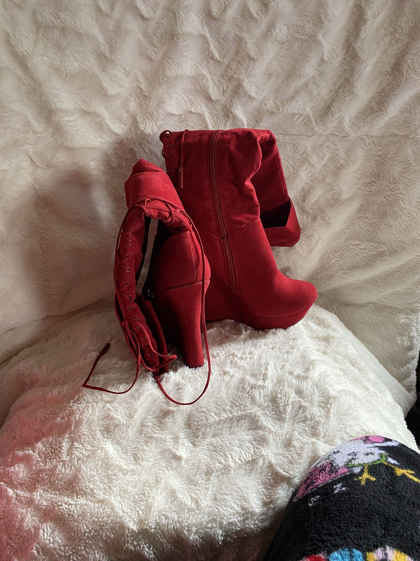 Red Velvet Wedge Platform Boots