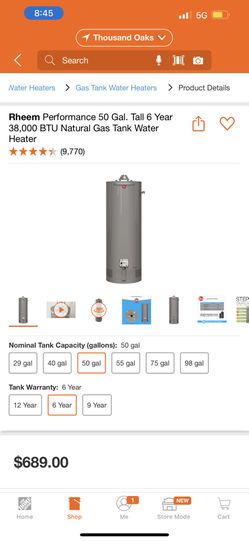 *BRAND NEW* Rheem Performance 50 Gal. Tall 6 Year 38,000 BTU Natural Gas Tank Water Heater
